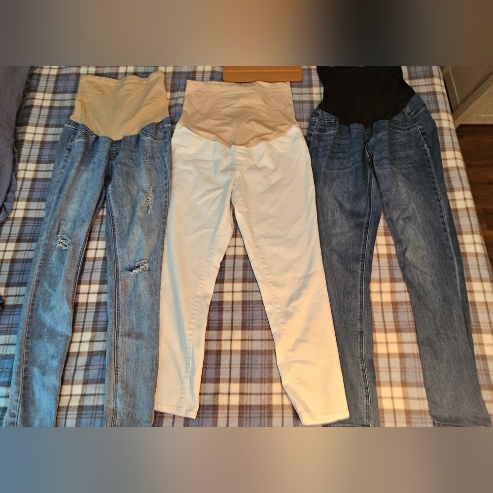 Indigo Maternity Jeans Trio in Light Blue, Cream, and Dark Blue